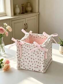 Strawberry Print Quilted Storage Basket, Bow Decor Foldable Fabric Storage Bin, Polka Dot Desktop Organizer, Home Vanity Clutter Storage Box - Multicolor - View 9