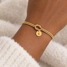 1pc Simple Fashion Round Initial Pendant Golden Stainless Steel Concentric Knot Chain Bracelets For Women - Yellow Gold - View 1
