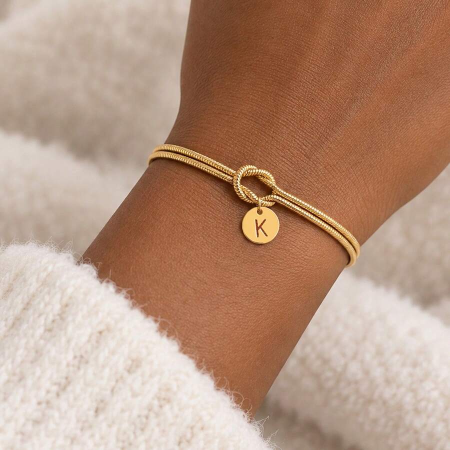 1pc Simple Fashion Round Initial Pendant Golden Stainless Steel Concentric Knot Chain Bracelets For Women - Yellow Gold - View 1
