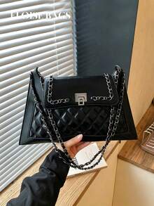 Vintage Chain Underarm Bag, High-End Glossy Lock Clasp, Large Capacity Women's Commuter Shoulder Bag - Black - View 2