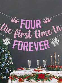 1pc Four The First Time In Forever 4th Birthday Banner, Snowflake Theme Princess Happy 4th Birthday Party Decoration - Multicolor - View 6