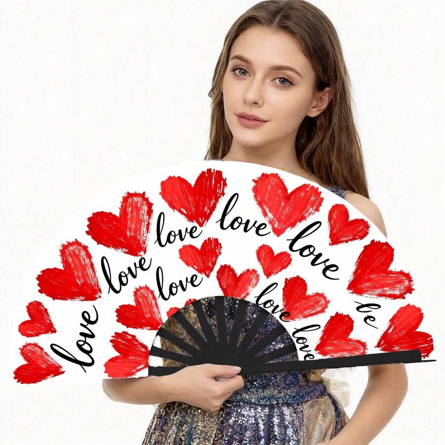 White Background Red Brush Heart Love Kung Fu Sounding Fan, Hand-Painted Red Heart Full Print Folding Fan, Romantic Date Party Photo Prop - Multicolor - View 1