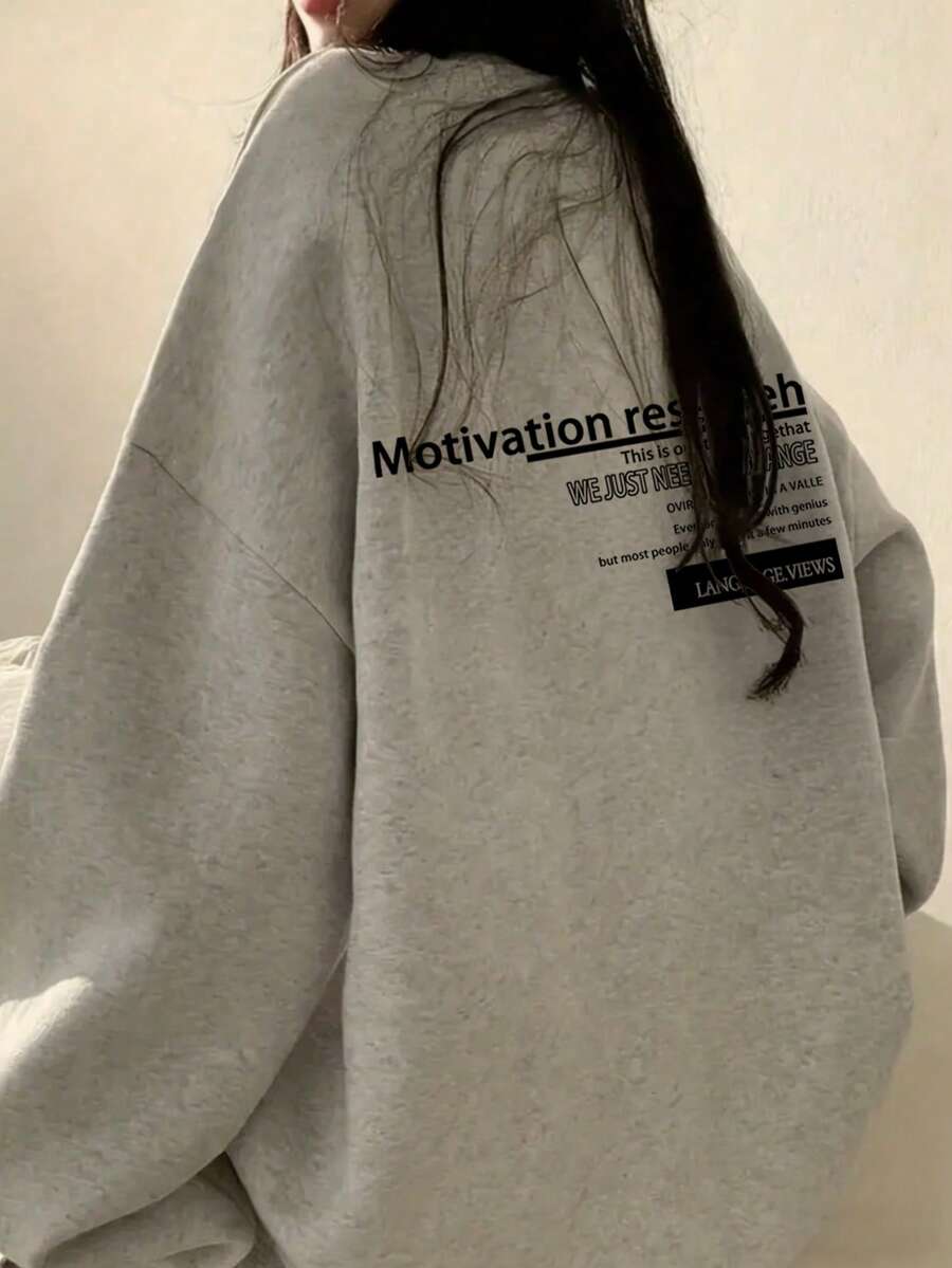 Women's Autumn/Winter Pure Cotton Loose Casual Versatile Japanese Letter Print Pattern Crew Neck Sweatshirt - Dark Gray - View 1