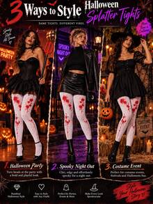 Women Halloween White Red Blood Splatter Graphic Cosplay Tights Pantyhose - Multicolor - View 7
