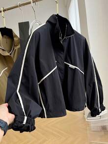 Stylish Chic Jacket, Stand Collar Short Outerwear For Women, Quality Spring/Autumn Windbreaker, Fashionable For Petite Black - Black - View 12