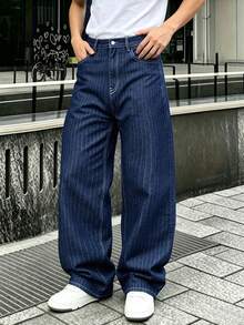 LIYS Men's Blue Wash Pinstripe Striped Wide Leg Jacquard Jeans - Blue - View 5