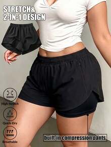 Plus Size Women's Liner Shorts 2in1, Solid Color Lining 2 In 1 Sports Pants, Elastic Waist Two Pieces Set, Suitable For Running, Sports, Yoga, Fitness In Summer - Black - View 1
