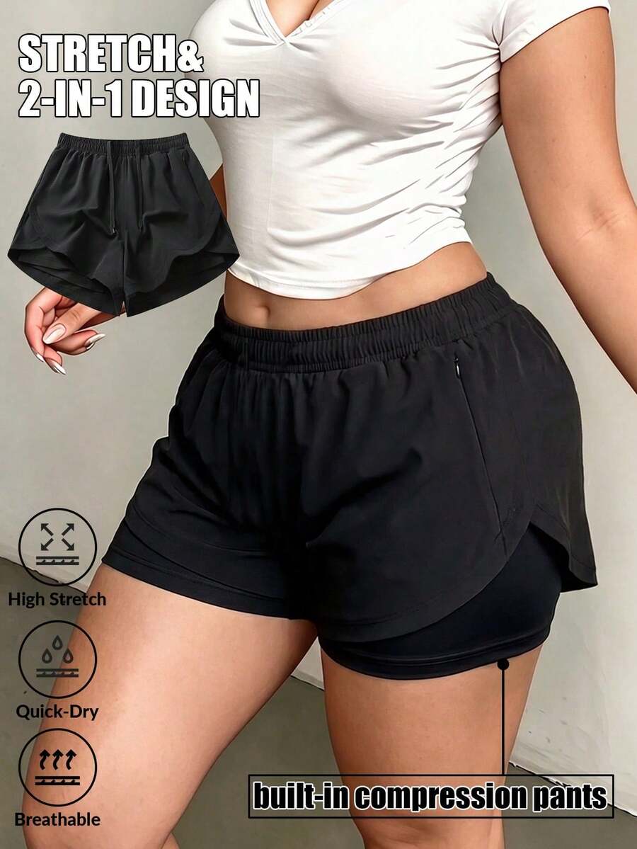 Plus Size Women's Liner Shorts 2in1, Solid Color Lining 2 In 1 Sports Pants, Elastic Waist Two Pieces Set, Suitable For Running, Sports, Yoga, Fitness In Summer - Black - View 1