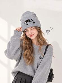 1pc Women's Sweet Cute Cat Peek-A-Boo Knit Hat, Warm For Autumn/Winter, Versatile For Daily Wear - Multicolor - View 3