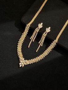 Women's Jewelry Necklace & Earrings Set, Rhombus Pattern Street Style 2-Piece Set, Bridal Accessories For Wedding Season - Gold - View 4