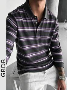 GRDR Men's American Vintage Long Sleeve Striped Print Polo Collar Shirt, Suitable For Commuting Wear - Dark Grey - View 4