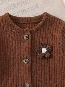 2pcs Baby Girls Casual Retro Ribbed Knit 2 In 1 Cardigan Lace Trim Flared Pants Set, Autumn/Winter - Brown - View 4