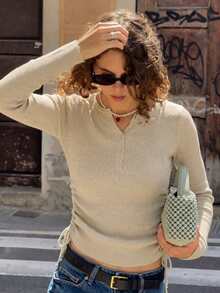 Solid Color Round Neck Long Sleeve Slim Fit College Style Women's Knit Top, Spring/Autumn - Khaki - View 4