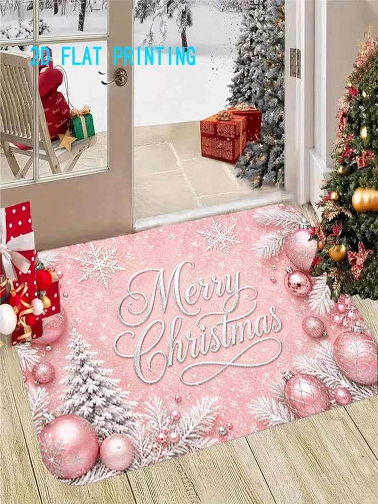 1件組 2D平面印花 粉色聖誕風 Merry Christmas 入口地墊 可機洗易清潔 絨毛地毯 適用居家與戶外裝飾 大廳、臥室、陽台用 送禮家居飾品 - A - 查看 4