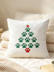 1pc Christmas Dog Paw Print & Christmas Tree Embroidered Throw Pillow Cover – Festive Home Decor For Sofa Or Bedside (Autumn/Winter) – Machine Washable, Zipper Closure (Insert Not Included) - White - View 4