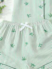 2pcs Set Comfortable Striped Bow Print Pajama Set, Short Sleeve Lapel Top With Pocket And Bow Shorts, Women's Sleepwear Loungewear - Green - View 7