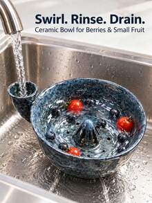 1/2pcs The Berry Swirl Ceramic Fruit Washing Bowl, Vortex Water Flow Side Inlet Design, Multi-Functional Strawberry, Blueberry And Small Fruit Colander Basket, Quick Drainage Kitchen Strainer, Durable Ceramic Berry Washing Basin, Suitable For Daily Home Food Preparation - Star Ring Large Drainer Bowl - View 2