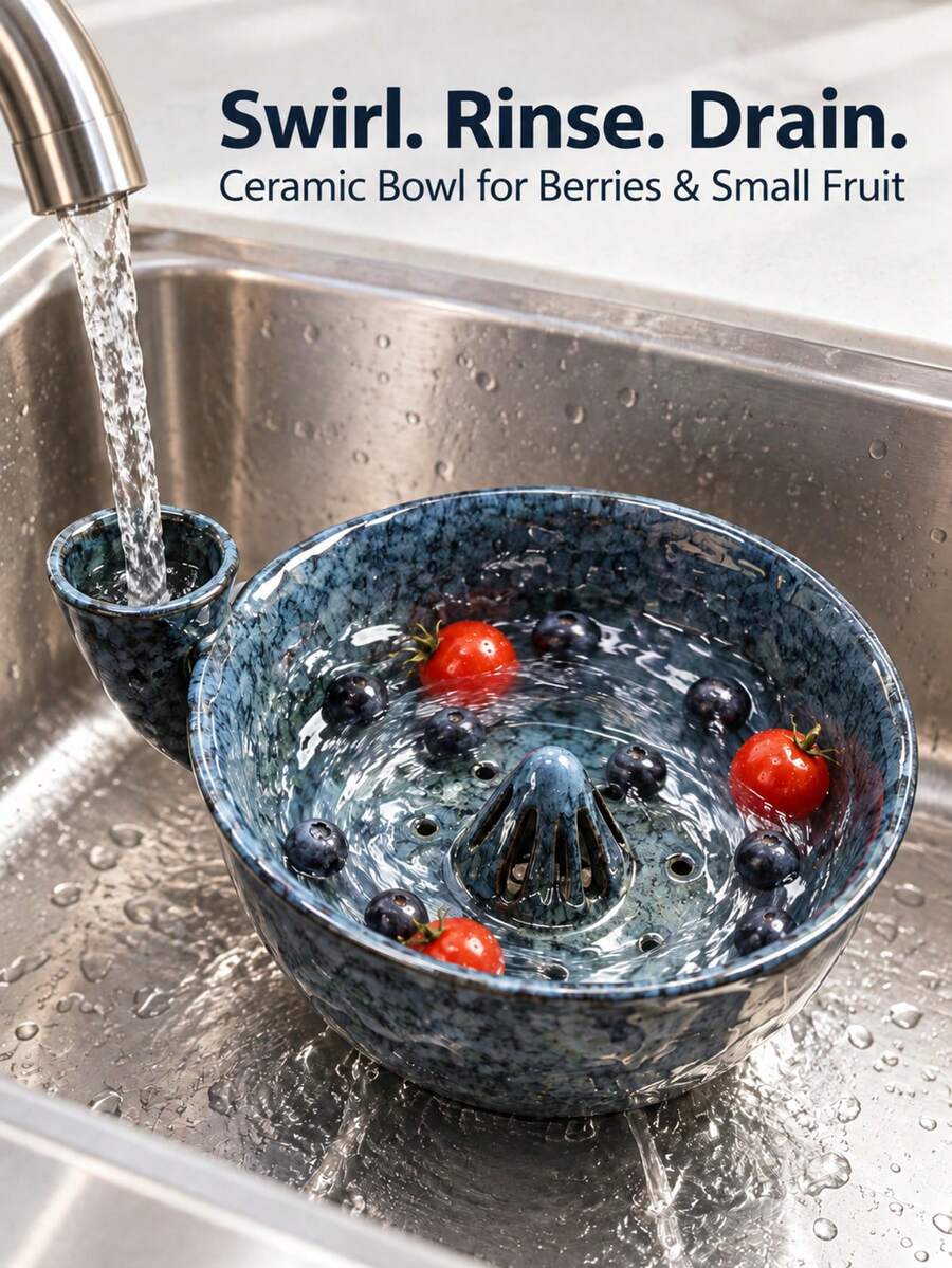 1/2pcs The Berry Swirl Ceramic Fruit Washing Bowl, Vortex Water Flow Side Inlet Design, Multi-Functional Strawberry, Blueberry And Small Fruit Colander Basket, Quick Drainage Kitchen Strainer, Durable Ceramic Berry Washing Basin, Suitable For Daily Home Food Preparation