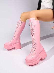 Pink Thick Sole High-Top Lace-Up Boots, Platform Jagged Sole Motorcycle Boots, Sweet Cool Hot Girl Long Boots - Pink - View 6