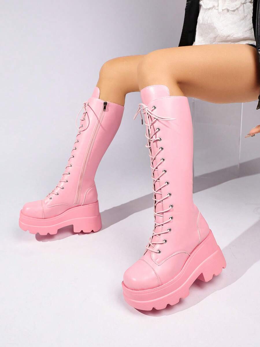 Sepatu Bot Bertali Tinggi Sol Tebal Warna Pink, Sepatu Bot Motor Sol Bergerigi Platform, Sepatu Bot Panjang Keren dan Manis untuk Cewek Seksi - Berwarna merah muda - View 1
