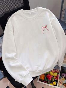 Women's Merry & Bright Print Sweatshirt, Loose Long Sleeve Crew Neck Pullover, Ribbed Hem, Suitable For Autumn And Casual Urban Wear - White - View 5