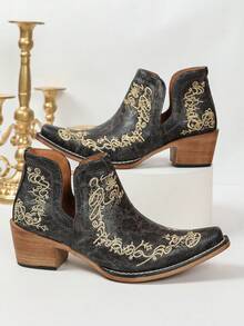 Women's Vintage Embroidered Western Cowboy Ankle Boots, Hollow Pointed Toe Chunky Heel Retro Country Style Ankle Boots, Plus Size Available - Black - View 6