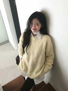 Sweater Wanita Lengan Panjang Longgar Leher Bulat Warna Polos Gaya Kampus, Musim Gugur/Dingin - Aprikot - View 1
