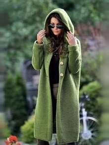 Women's Solid Color Drop Shoulder Long Sleeve Single-Breasted Casual Hooded Knit Cardigan - Green - View 4