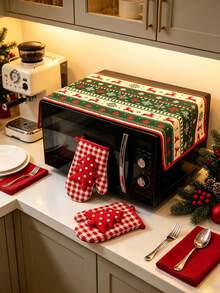 3pcs Christmas Microwave Cover & Oven Mitts Set, Reindeer Snowflake Print Christmas Kitchen Decor, Cute Holiday Cooking Baking Set, Suitable For Kitchen Home Party Gift, Winter Christmas New Year Decoration Set - Multicolor - View 2