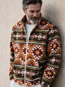 GOLDREDY Men's Autumn/Winter Vintage Geometric Pattern Warm Full Zip-Up Stand Collar Pocket Sweatshirt - Orange - View 3