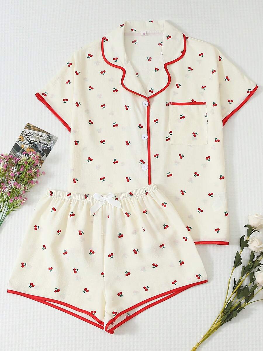 2pcs Women's Comfortable Red Cherry Print Short Sleeve Collared Top And Bow Shorts Pajama Set - Apricot - View 1