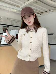 Women's 2-In-1 Knit Cardigan Sweater, Spring Outfit, Colorblock Plaid Polo Collar, Preppy Style Top - Apricot - View 3