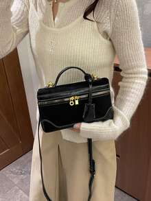 Dedoo 女款正方形斜挎包，純黑色，麂皮與人造皮革拼接，金色鎖扣與拉鍊，頂部手柄，復古奢華風，適合日常出遊、聚會，女用手提包 - 黑色 - 查看 4