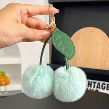 Cute Cherry Faux Rabbit Fur Ball Bag Charm, Leather Leaf Plush Cherry Keychain, Soft Girly Bag Pendant Decoration, Small Gift For Best Friend Birthday And Holiday - Multicolor - View 7