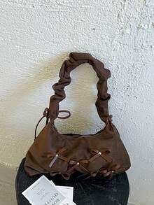 Soft Suede Underarm Shoulder Bag For Women, Vintage Maillard Style, Zipper Closure, Fits Phone And Cosmetics, Ruched Strap, Sweet Cool Aesthetic, Brown Niche Handbag For Daily Outings, Dating And Shopping - Coffee - View 5