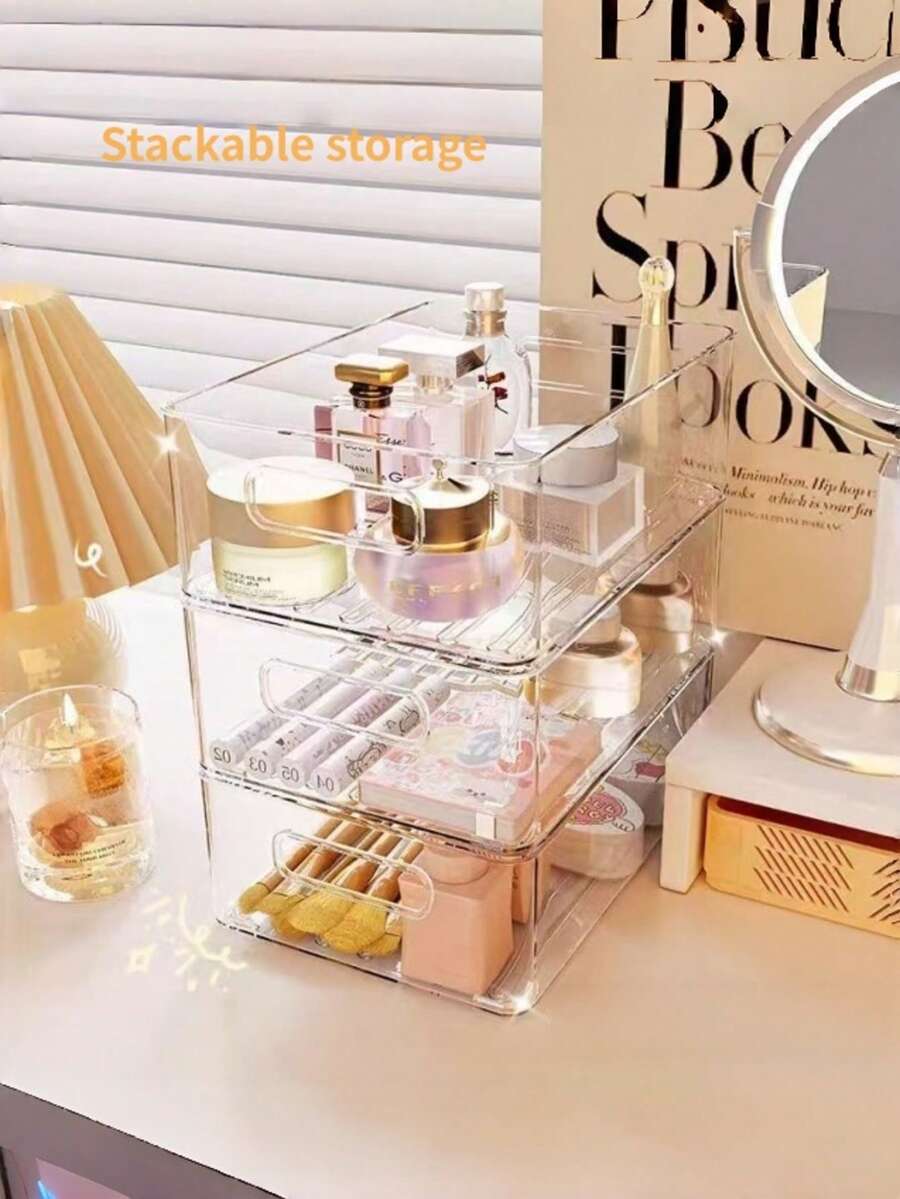 1pc Transparent Acrylic Multi-Function Storage Organizer Box, Multi-Function Plastic Organizer Tray With Handle, Stackable Storage Box, Suitable For Drawer, Desktop, Kitchen, Storage Room And Outdoor Picnic - Multicolor - View 1