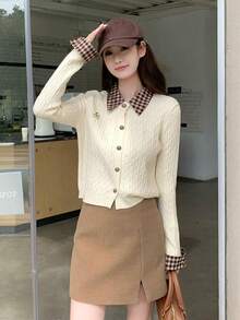 Women's 2-In-1 Knit Cardigan Sweater, Spring Outfit, Colorblock Plaid Polo Collar, Preppy Style Top - Apricot - View 2