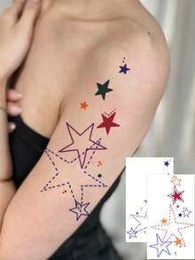 2 Pcs Multicolor Star Temporary Tattoo Stickers, Hollow Outline & Solid Color Stars With Dotted Lines Fake Tattoos, Waterproof Body Art For Upper Arm Forearm - Multicolor - View 1