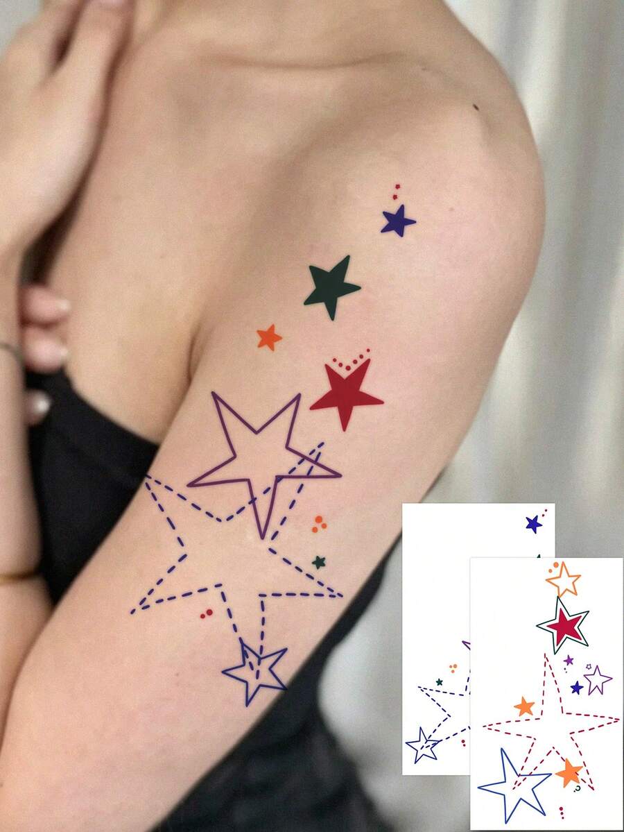 2 Pcs Multicolor Star Temporary Tattoo Stickers, Hollow Outline & Solid Color Stars With Dotted Lines Fake Tattoos, Waterproof Body Art For Upper Arm Forearm - Multicolor - View 1