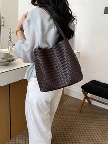 Women's Woven PU Leather Shoulder Tote Bag, Retro Coffee Large Capacity Hobo Bag, Soft Textured Casual Handbag For Work Travel Daily Outing - Coffee - View 4