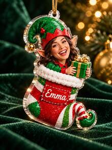 1pc Custom Photo Name Santa Sack Christmas Ornament, Personalized Photo In Santa Gift Bag Acrylic Tree Hanging, Snowman Reindeer Gingerbread Ornament,Funny Xmas Keepsake Gift,Christmas Gift - Multicolor - View 6