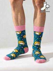 1 Pair Cute Cat Pattern Socks, Green Base With Colorful Heart And Floral Design, Casual Mid-Calf Socks, Unisex - Multicolor - View 2