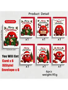 6Pcs Christmas Greeting Cards With 6 Envelopes, Cute Red Fluffy Monster Xmas Note Cards, Merry Christmas Holiday Cards For Family Friends Gift Greeting - Multicolor - View 3