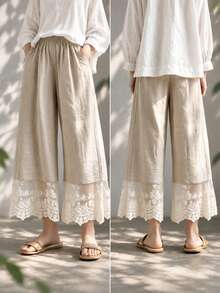 Autumn/Winter Women's Bohemian Style Lace Cropped Wide Leg Pants, Contrast Lace Decoration, Vintage Woven Fabric, With Pockets - Beige - View 4