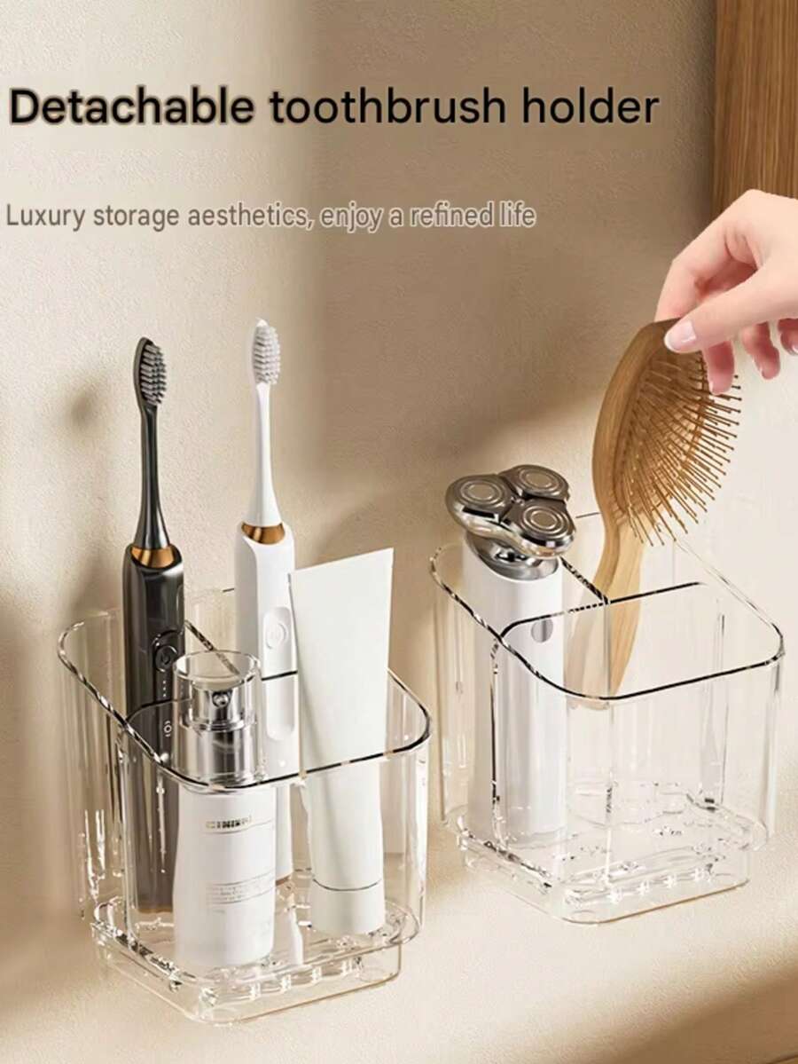 1pc Detachable Transparent Wall-Mounted Toothbrush Holder, Acrylic Bathroom Storage Organizer, Space-Saving Toothbrush Razor Skincare Storage Rack, Suitable For Vanity Countertop, High Transparency Acrylic Body, Minimalist Luxury Appearance, Keeps Bathroom Countertop Neat And Elegant, Detachable Divider Design, Flexible Space, Can Store Electric Toothbrush, Razor, Toothpaste, Skincare Bottles, Smooth Acrylic Surface - Acrylic Frame - View 1