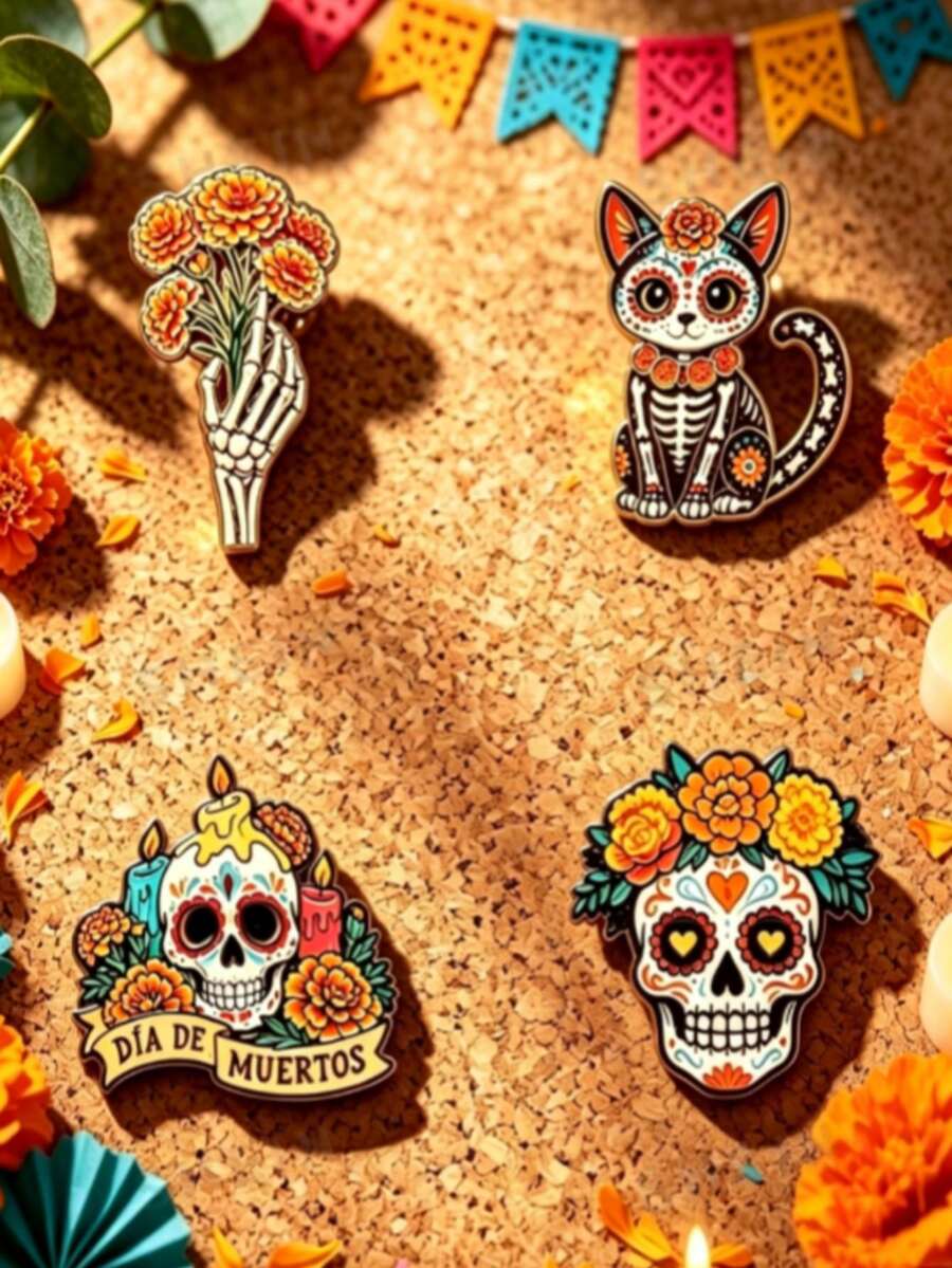 4pcs/Set Mexican Day Of The Dead Brooch/Pin, Suitable For Jackets And Backpacks, Neutral Vintage Gothic Style Brooch, Day Of The Dead Themed Decoration - Multicolor - View 1