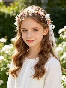 1pc Handmade Pink Flower Pearl Floral Headband, Tulle Floral Crown With Long Ribbon, Elegant Girls Floral Hair Accessory, Suitable For Birthday Party, Photography - Multicolor - View 2