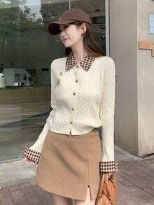 Women's 2-In-1 Knit Cardigan Sweater, Spring Outfit, Colorblock Plaid Polo Collar, Preppy Style Top - Apricot - View 9