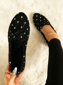 Maillard Black Polka Dot Bow Shallow Loafers, Fuzzy Round Toe Flat Slip-On Shoes, Soft Sole Daily Commute Shoes - Black - View 1