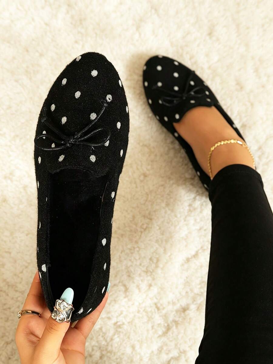 Maillard Black Polka Dot Bow Shallow Loafers, Fuzzy Round Toe Flat Slip-On Shoes, Soft Sole Daily Commute Shoes - Black - View 1